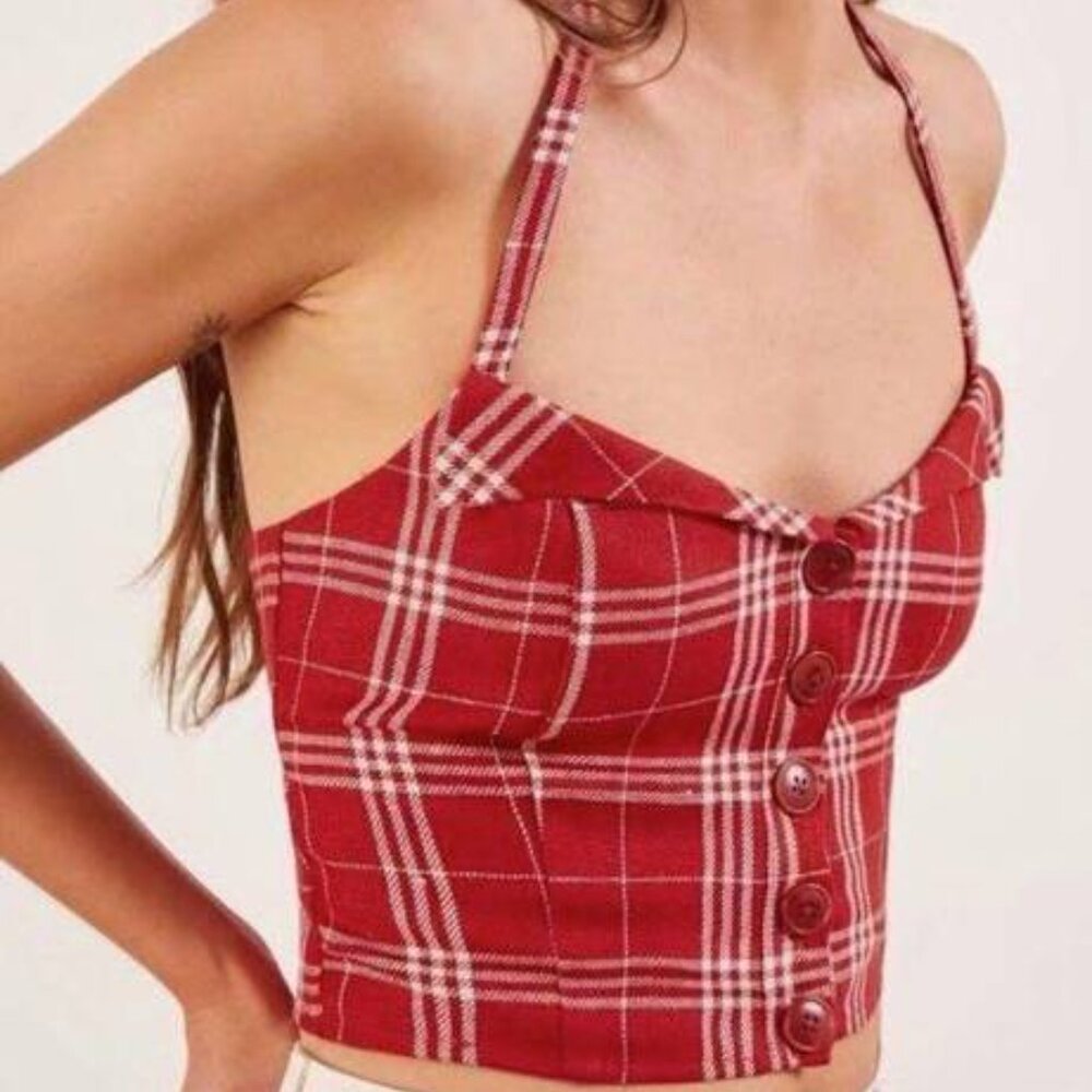 Reformation Connie Red Plaid Linen Halter Crop Top Size 0